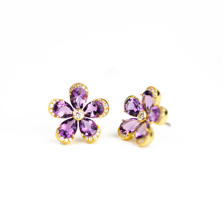 Amethyst & Diamond Flower Stud Earrings
