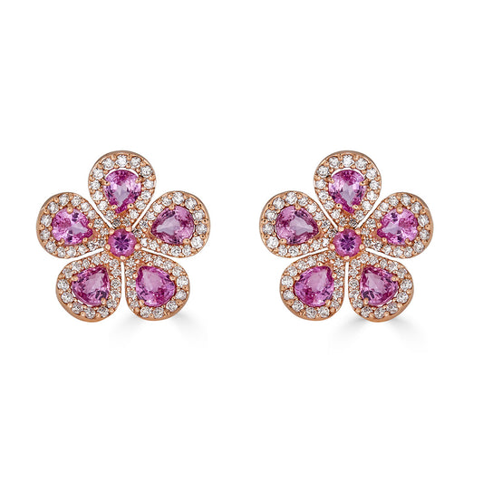 Pink Sapphire & Diamond Classic Flower Earrings