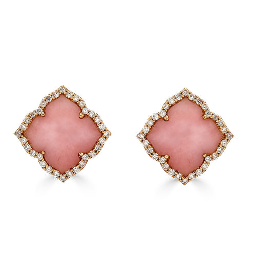 Carved Pink Opal & Diamond Capri Small Flower Earrings