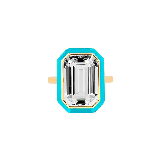 Rock Crystal Emerald Cut Ring with Turquoise Enamel