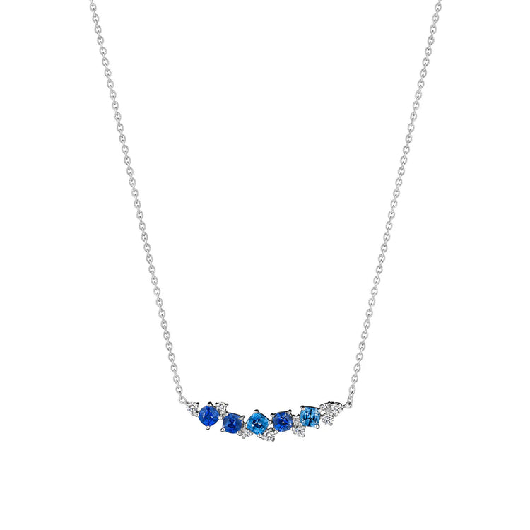Blue Sapphire Watercolor Confetti Bar Necklace with Diamonds