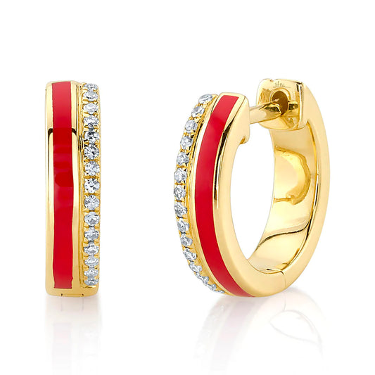 Diamond and Red Enamel Huggie Earrings