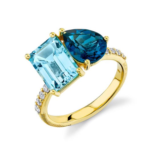 Two-Stone Blue Topaz Ring with Diamonds
