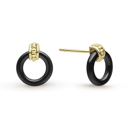 18k Gold Black Ceramic Circle Stud Earrings
