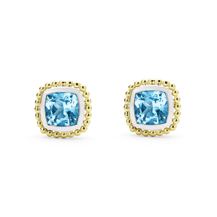 18K Gold Caviar Swiss Blue Topaz Stud Earrings