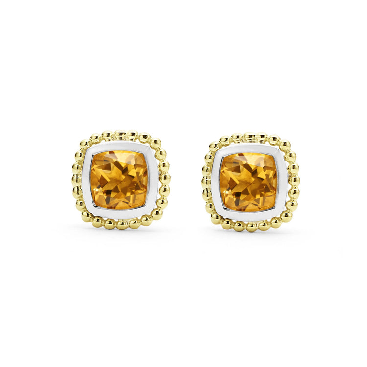 18K Gold Caviar Citrine Stud Earrings