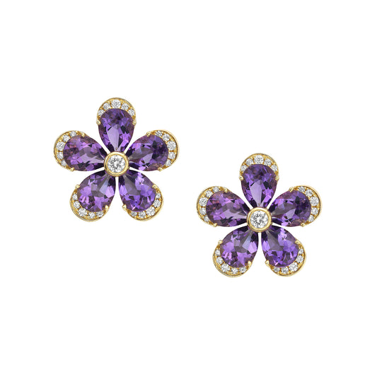 Amethyst & Diamond Flower Stud Earrings