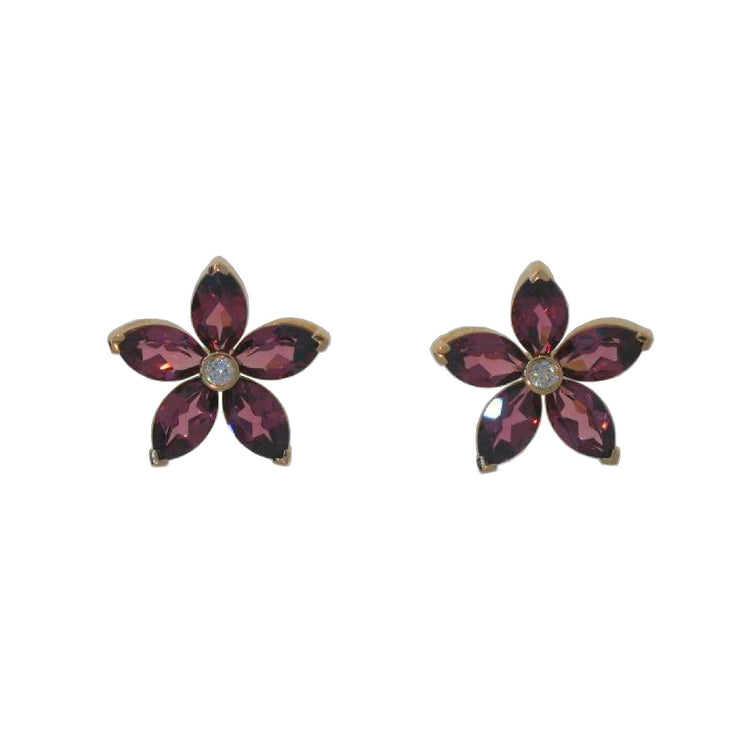 Garnet & Diamond Flower Stud Earrings