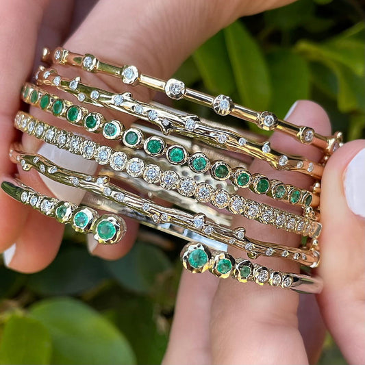 Classic Two-toned Open Bezel Set Emerald Bangle