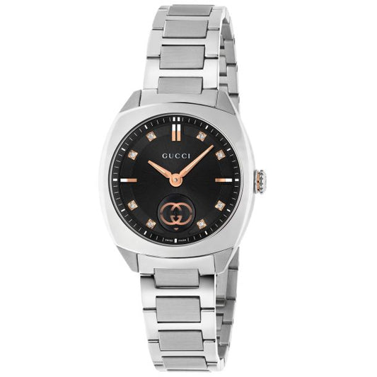 Interlocking Black Diamond Dial Stainless Steel Watch