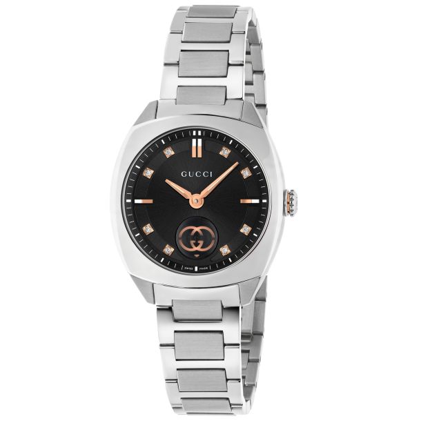 Interlocking Black Diamond Dial Stainless Steel Watch