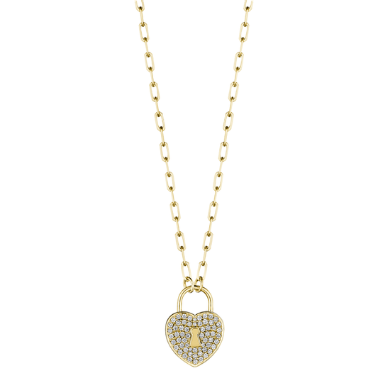 Diamond Heart Lock Charm Link Necklace