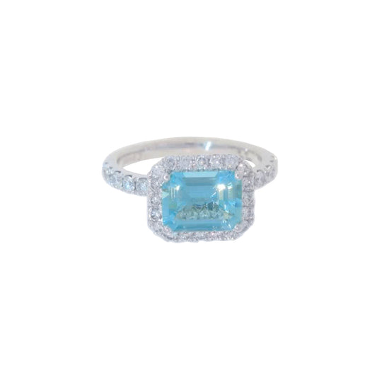 East-West Aquamarine and Diamond Halo Ring