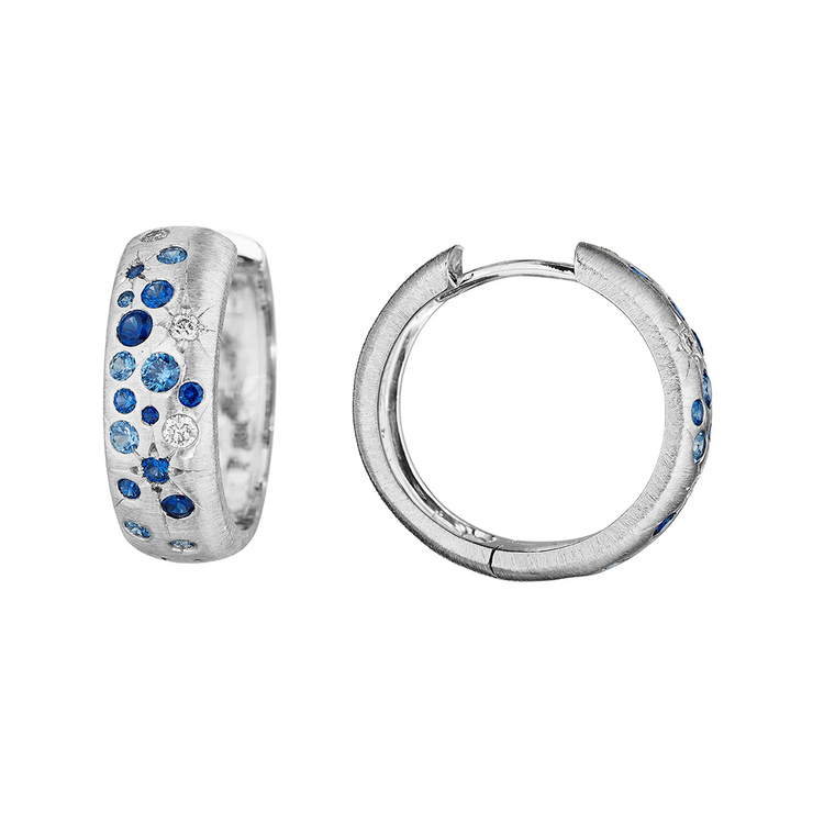 18K White Gold Galaxy Diamond and Blue Sapphire Huggie Earrings