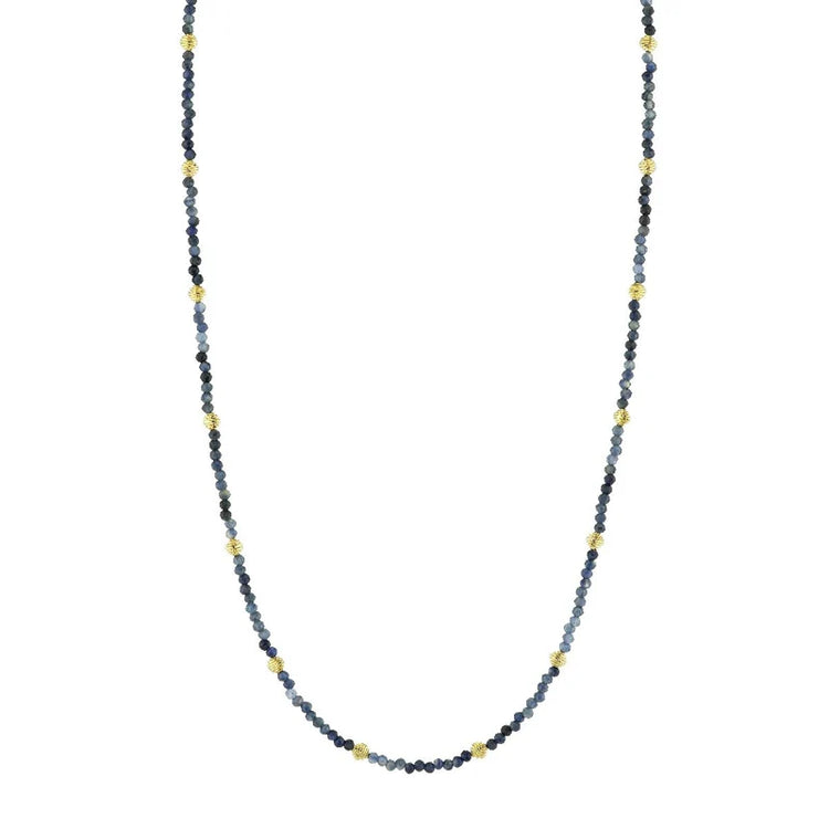 Blue Sapphire Bead Necklace With Gold Strie Stations