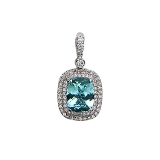 Aquamarine Double Diamond Halo Pendant with Blue Sapphires (Reversible)