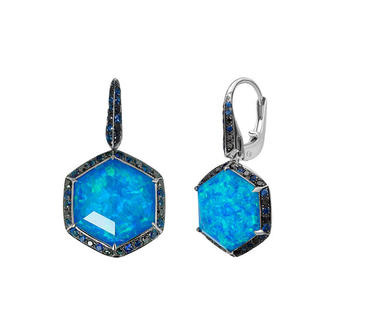 Blue Sapphire & Black Opalescent & Black Diamond Earrings