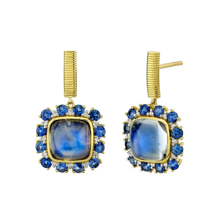 Blue Moonstone Earrings With Blue Sapphires And Diamonds