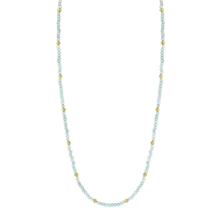 Blue Zircon Bead Necklace With Gold Strie Stations