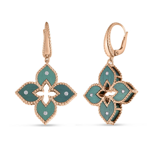 Small Green Titanium and Diamond Flower Dangle Earrings