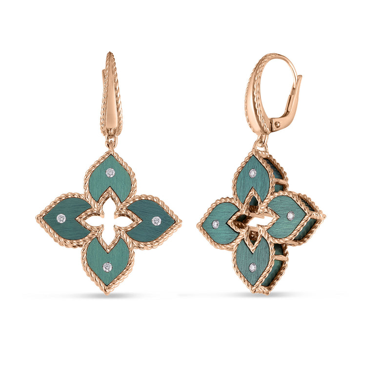 Small Green Titanium and Diamond Flower Dangle Earrings