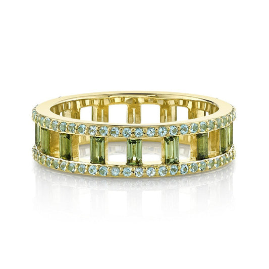 Green Sapphire Baguette Band With Swiss Blue Topaz Edges