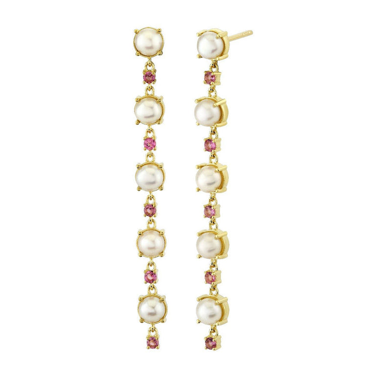 Pearl And Pink Tourmaline Drop Earrings