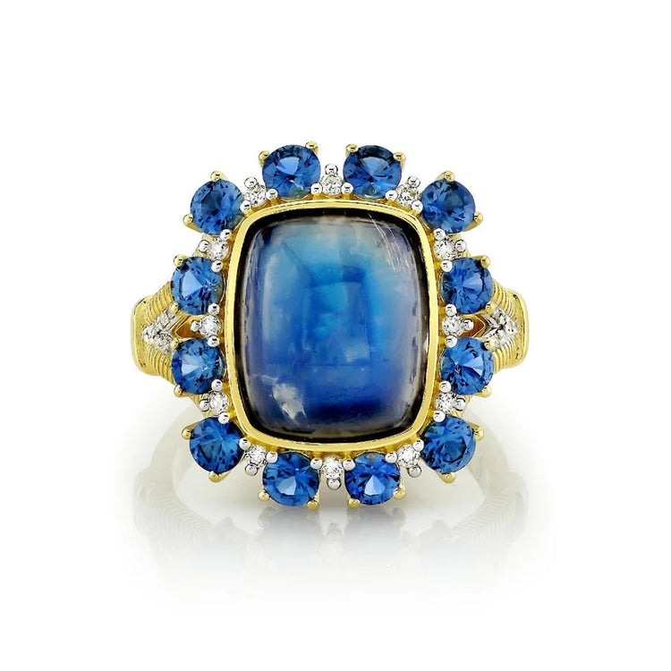 Blue Moonstone Ring With Blue Sapphire And Diamond
