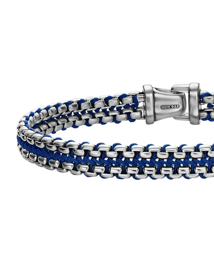 Woven Box Chain Bracelet in Sterling Silver with Blue Nylon, 10mm