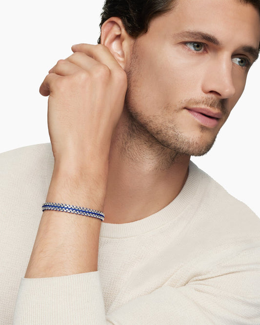 Woven Box Chain Bracelet in Sterling Silver with Blue Nylon, 10mm