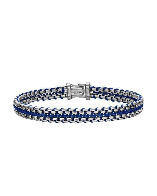 Woven Box Chain Bracelet in Sterling Silver with Blue Nylon, 10mm