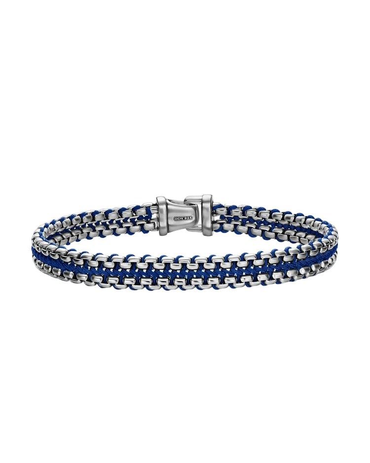 Woven Box Chain Bracelet in Sterling Silver with Blue Nylon, 10mm