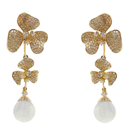 18KYG 12MM,11.8MM PRL, 2.31 DIA FLOWER DROP EARRING