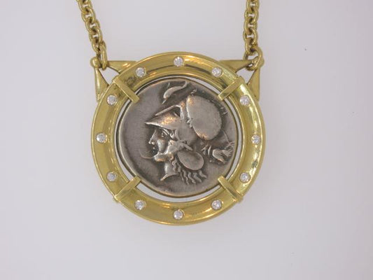 18KYG MICHAEL BONDANZA DIAMOND CORINTHIA GREEK SILVER COIN NECKLACE