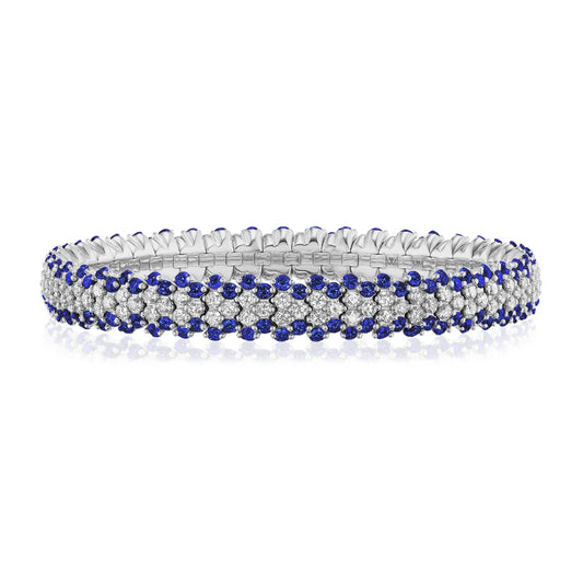 18k White Gold Sapphire and Diamond 3-Row Stretch Bracelet