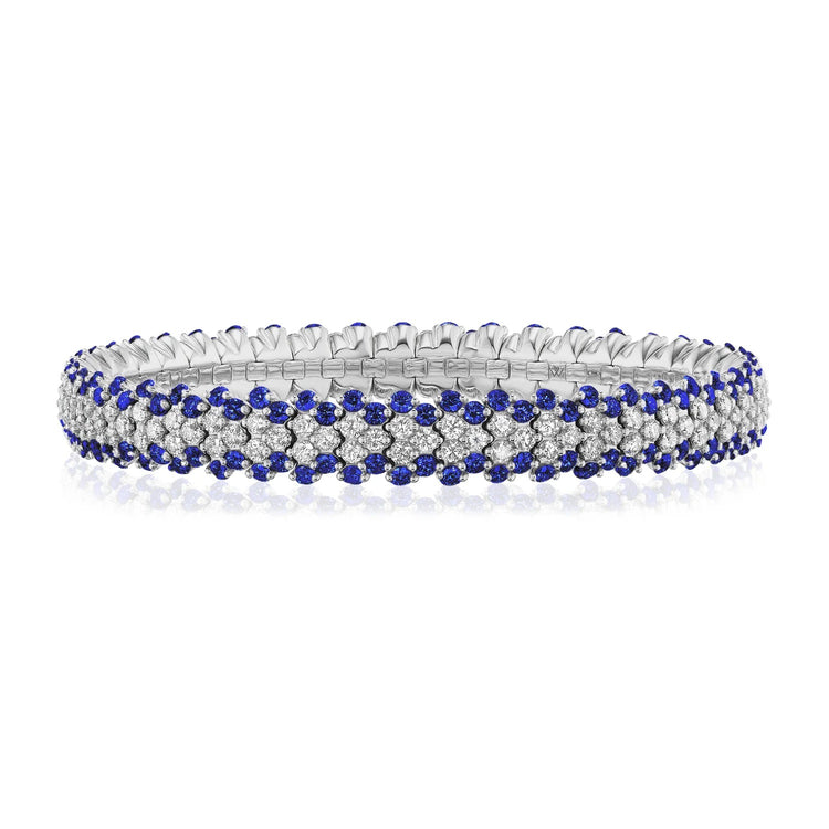 18k White Gold Sapphire and Diamond 3-Row Stretch Bracelet