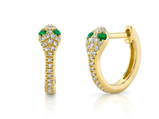 Emerald and Diamond Snake Huggie Earrings