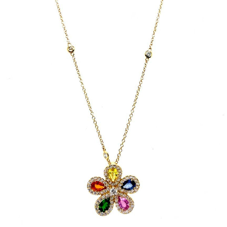 18KYG MULTI COLOR SAP, TSAV, DIA FLOWER PENDANT