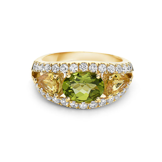 18KYG YEL SAP,PERIDOT, 0.93CT GHSI RING