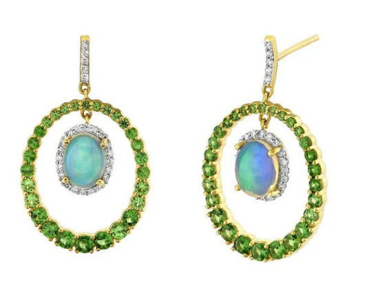 Opal Drop Earrings With Diamond Halo And Tsavorite Frame Sale price