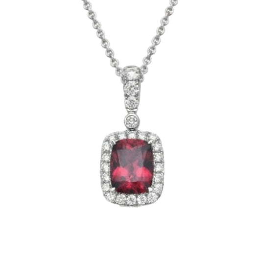 18KWG 18" GARNET, PK SAP, 85=1.42CT FG VS/SI STARBURST PENDANT