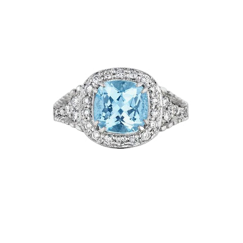 18KWG 1=2.15 CU AQUA, 30=.51CT BR DIA HALO RING