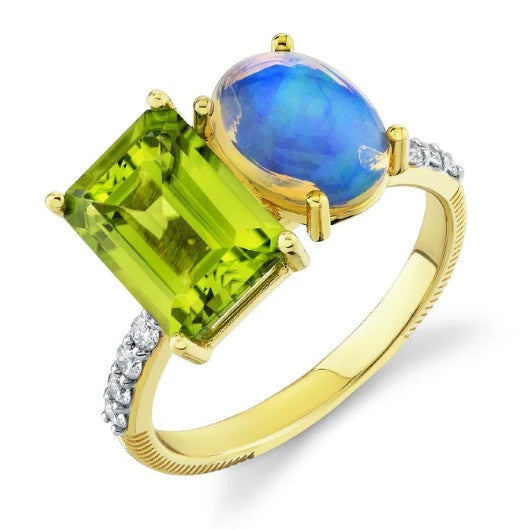 Toi Et Moi Peridot And Ethiopian Opal Ring With Diamond Shank