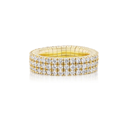 18k Yellow Gold Diamond 3-Row Stretch Ring Size 6.5