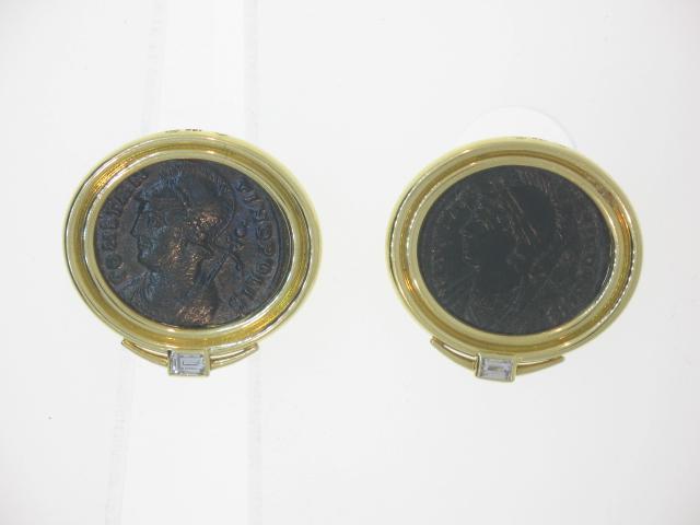 18KYG MICHAEL BONDANZA DIAMOND BRONZE ROMAN COIN EARRINGS