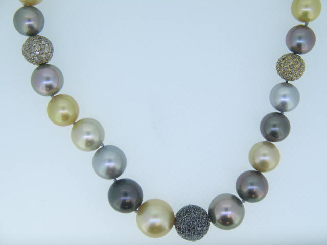18KYG/WG 16.5" MULTI PRL, BLK,BRN DIA BALL STRAND NECKLACE