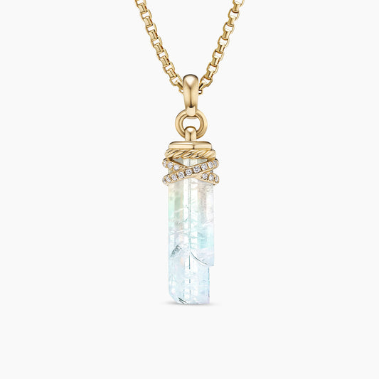 Wrapped Rainbow Moonstone Crystal Amulet with 18K Yellow Gold and Pave Diamonds