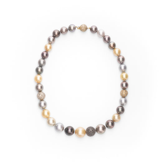 18KYG/WG 16.5" MULTI PRL, BLK,BRN DIA BALL STRAND NECKLACE