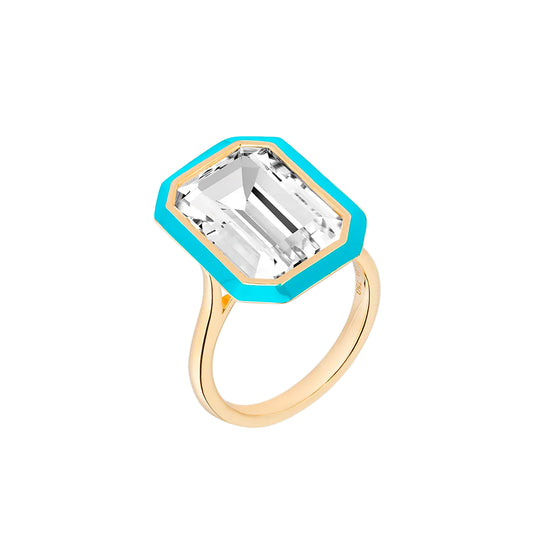Rock Crystal Emerald Cut Ring with Turquoise Enamel