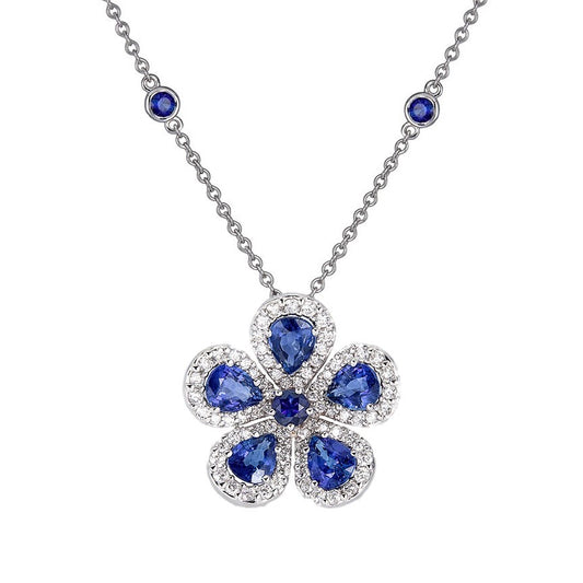 Blue Sapphire & Diamond Flower Necklace